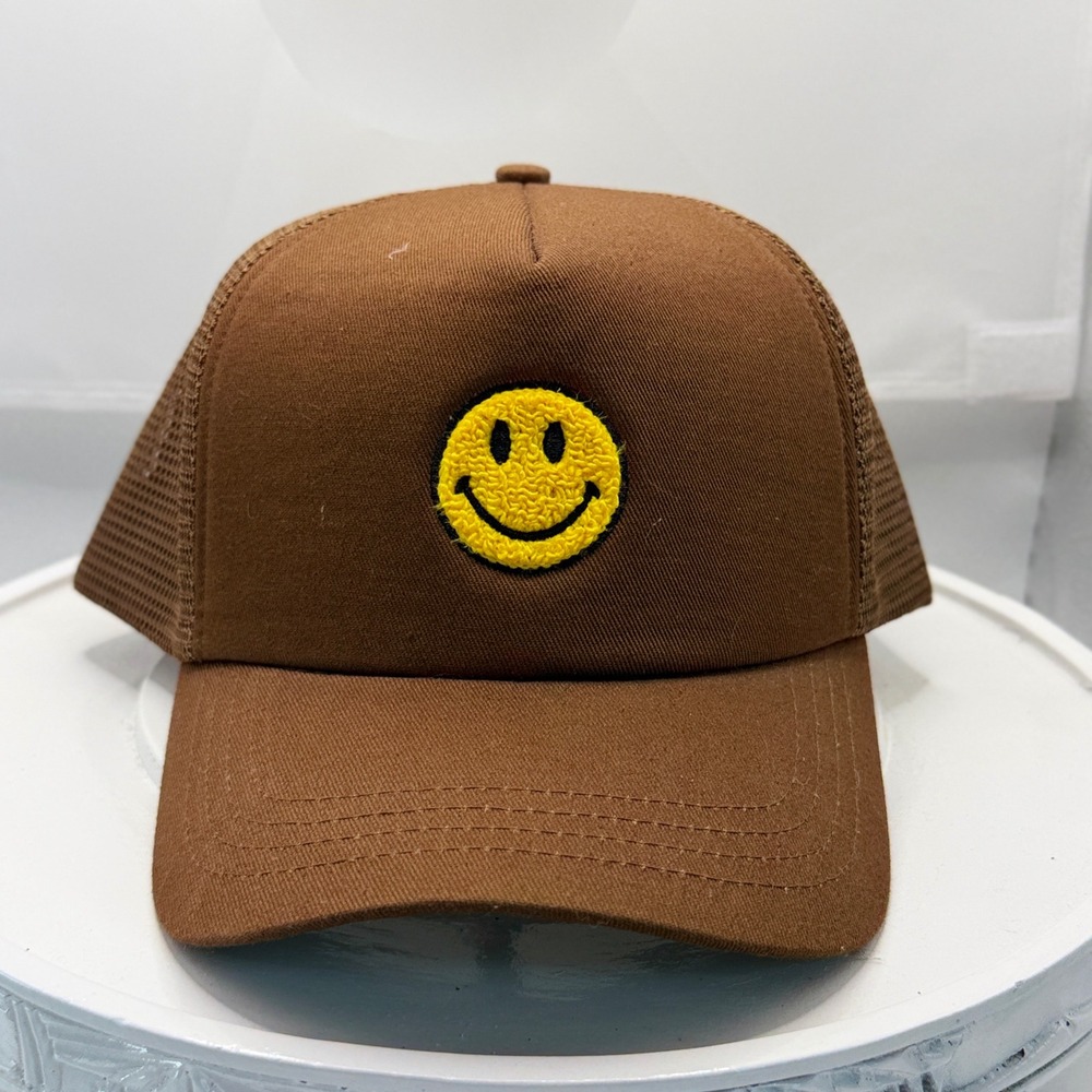 MARKET Smiley Face Trucker Hat Brown Foam Snapback Mesh Vintage Y2K Streetwear